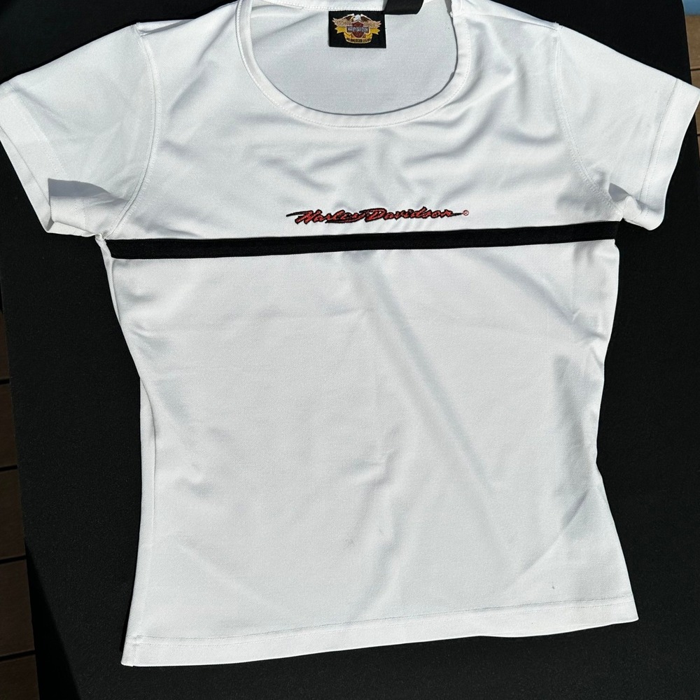 Harley-Davidson Womens XS White Embroidered Logo Stripe Short Sleeve Tee